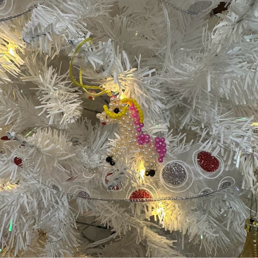 Beaded Unicorn Ornament with Pink and Yellow Accents
